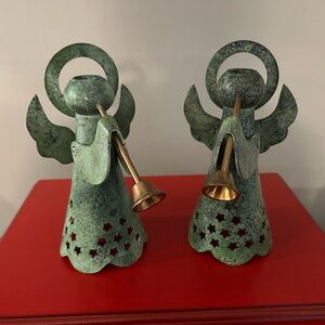 Vintage Pair Archana Green cast Metal Angel candle holders with Trumpet India